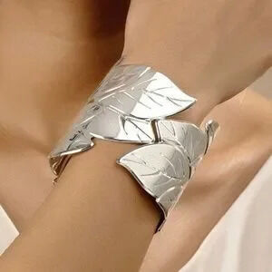 Silver tone leaves cuff bangle bracelet
